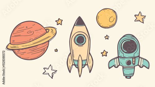 Space exploration doodle vector set planet rocket stars spaceship universe galaxy solar system astronomy science kids design elements hand drawn childish naive art isolated illustration pastel colors
