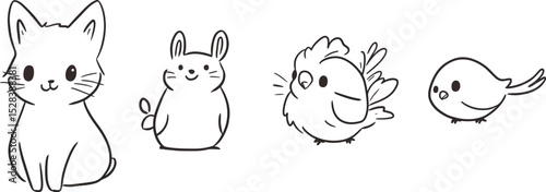 Cute Animals Vector Illustration Set Featuring Cat Rabbit Parrot and Bird Ideal for Childrens Books Greeting Cards Apparel and Home Decor Products Line Art Style Doodle Kawaii Design Pet Lovers