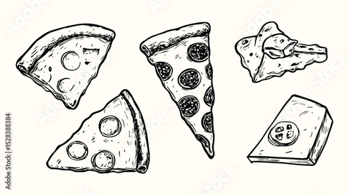 Set of Hand-drawn Vector Pizza Slices Italian Food Pizzeria Menu Restaurant Illustration Fast Food Sketch Drawing Doodle Pepperoni Cheese Vintage Retro Engraving Style Design Element Graphic Art