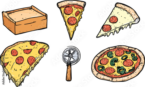 Pizza Vector Pack Italian Food Restaurant Menu Pizzeria Pizza Slice Pizza Cutter Delivery Box Fast Food Pepperoni Cheese Dough Meal Dinner Lunch Isolated White Background Hand Drawn Illustration