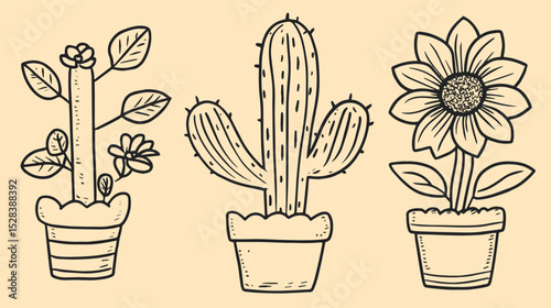 Potted Plants Collection Hand Drawn Vector Illustration Set featuring Cactus Sunflower and Flowering Plant in Pots Ideal for Home Decor Gardening Themes and Nature Inspired Designs Botany