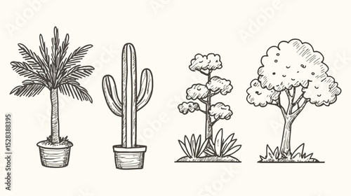 Hand Drawn Trees and Plants Vector Illustration Set Palm Tree Cactus Bonsai Tree and Deciduous Tree in Pots and Grass Patches Nature Gardening Botany Themes Sketch Style Line Art Black and White