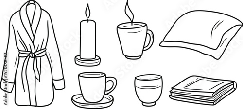 Cozy Evening Essentials Hand Drawn Vector Set Bathrobe Hot Drink Candle Pillow and Book Perfect for Relaxation Wellness and Hygge Themes Isolated on White Background Line Art Illustration for Prints