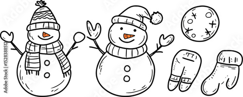 Christmas Snowman Vector Illustration Set Winter Holiday Festive Cartoon Characters Snowmen Hats Scarves Mittens and Cookie Isolated on White Background Design Elements for Greeting Cards Invitations