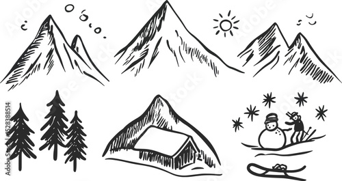 Hand Drawn Mountain Landscape Elements Set with Pine Trees Cabin Snowman Snowflakes Sun and Skis Winter Vacation Travel Adventure Tourism Doodle Sketch Vector Illustration Graphic Design Clipart