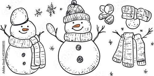 Cute Snowman Characters with Winter Accessories Vector Illustration Set Snowmen wearing hats and scarves snowflakes festive holiday Christmas design elements isolated on white background winter
