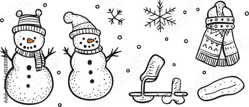 Hand-drawn winter vector set with snowmen snowflakes warm clothes and sleds Christmas and New Year design elements for greeting cards posters invitations banners and other festive projects Winter