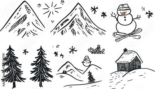 Hand drawn winter wonderland vector elements set featuring snowy mountains pine trees cozy cabin snowman with skis sledding snowman snowflakes and sun perfect for Christmas holiday designs greeting