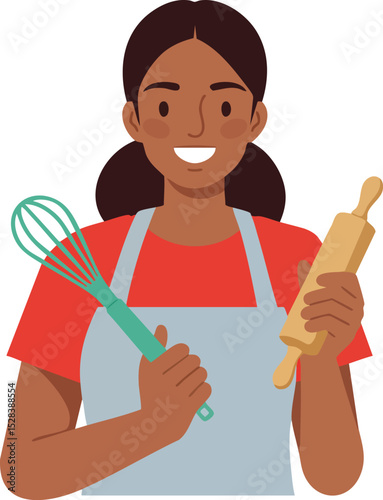 Woman smiling holding rolling pin and whisk kitchen baking utensils vector illustration 