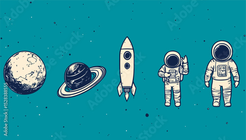 Astronaut Space Rocket Planet Galaxy Universe Exploration Science Fiction Cosmos Spaceship Astronauts Floating Outer Space Adventure Vector Illustration Clipart Graphic Design Element for T-shirt