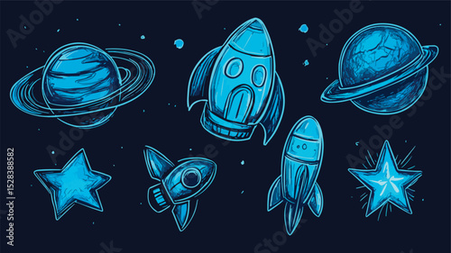 Space Exploration Vectors Set Rocket Planets Stars Cosmos Universe Galaxy Solar System Science Fiction Astronomy Blue Drawings Isolated on Dark Background Clipart Illustration Graphic Design Elements