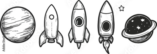 Rocket launch sequence from planet to another planet vector illustration space exploration startup business concept sketch drawing design element symbol icon doodle hand drawn vintage retro style
