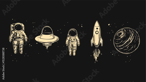Astronaut Spacewalk UFO Rocket and Planet Vector Illustration Space Exploration Galaxy Universe Cosmos Science Fiction Astronauts in Space Suit Floating in Outer Space with Flying Saucer Spaceship