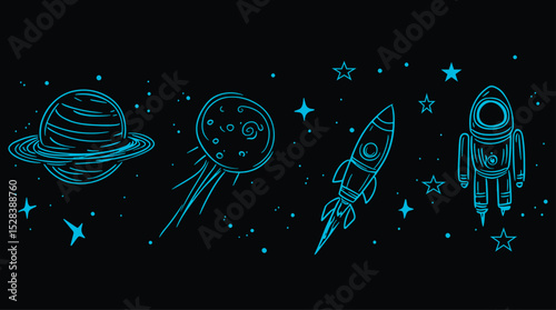 Space Vector Illustration Pack with Planet Rocket Astronaut and Stars Galaxy Exploration Cosmos Science Fiction Universe Design Elements Doodle Style Clipart Graphics on Black Background Isolated