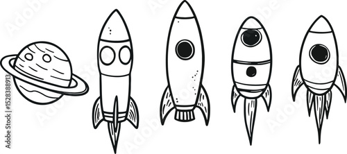 Set of hand drawn space rockets and planet saturn doodle vector illustration launch spaceship startup business concept new project development creative idea symbol exploration cosmos galaxy universe