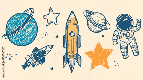 Hand drawn space elements astronaut rocket planets stars space shuttle Galaxy exploration cosmic adventure vector illustration universe themed design elements for kids projects posters apparel