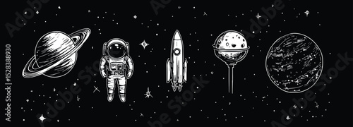 Astronaut Rocket Planets and Stars Hand Drawn Space Vector Illustration Galaxy Exploration Cosmos Universe Science Fiction Astronomy Black and White Sketch Doodle Graphic Design Element for Prints