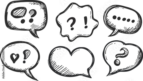 Hand Drawn Speech Bubble Doodle Set Vector Illustration question mark exclamation mark heart shape thinking bubble talking bubble chat bubble comment bubble message bubble dialog bubble sketch bubble