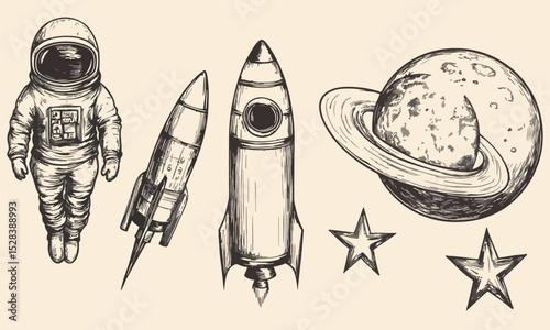 Astronaut Rocket Planet and Stars Space Exploration Vector Illustration Hand Drawn Sketch Engraving Style Galaxy Universe Cosmic Science Fiction Adventure Tattoo Design Element Isolated Retro Vintage