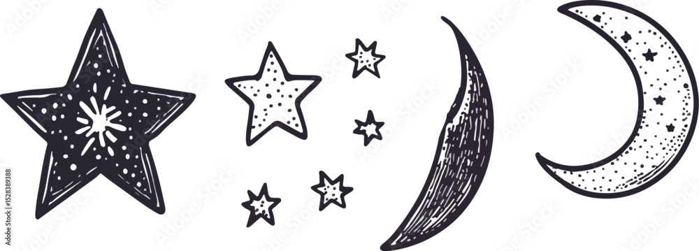 Obraz premium Hand-drawn celestial set with stars and moon phases vector illustration sketch doodle style astronomy astrology space galaxy night sky crescent moon stars clipart tattoo design bohemian esoteric