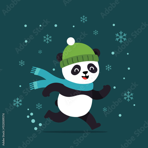 Panda wearing green winter hat and blue scarf running in snowflakes on dark teal background vector illustration 