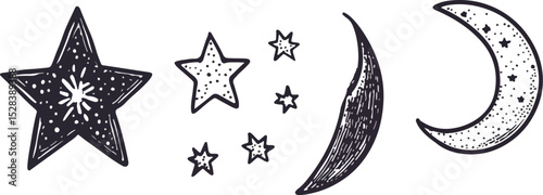 Hand-drawn celestial set with stars and moon phases vector illustration sketch doodle style astronomy astrology space galaxy night sky crescent moon stars clipart tattoo design bohemian esoteric