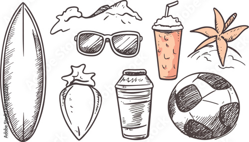 Summer Beach Vibes Hand Drawn Vector Pack Surfboard Sunglasses Drinks Starfish and Soccer Ball Perfect for Travel Vacation and Summer Projects