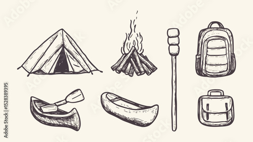 Camping Adventure Vector Set Hand Drawn Doodle Tent Campfire Marshmallow Roasting Stick Backpack Canoe Paddle and Satchel Outdoor Recreation Travel Exploration Hiking Trekking Wilderness Survival