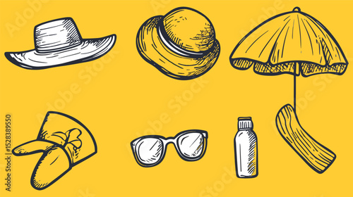 Summer Vacation Essentials Hand Drawn Vector Set Beach Accessories Sunscreen Lotion Sunglasses Wide Brimmed Hat Umbrella and Cap Isolated on Yellow Background Travel Holiday Tropical Seaside Resort