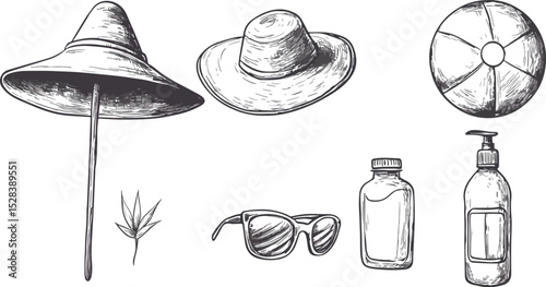 Summer beach essentials vector set hand drawn beach umbrella sun hat beach ball sunglasses sunscreen lotion tropical leaf isolated on white background summer vacation travel holiday design elements
