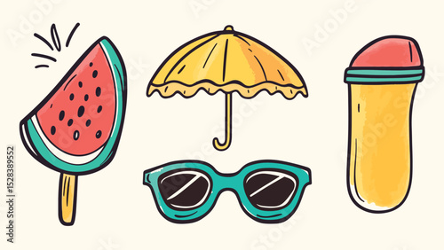 Summer Vibes Vector Set Watermelon Popsicle Beach Umbrella Sunglasses and Juice Bottle Icons for Summer Vacation Travel Holiday and Beach Party Designs Doodle Cartoon Illustration Isolated on Beige