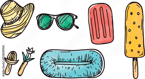 Summer Vacation Essentials Hand Drawn Vector Illustration Set featuring Sun Hat Sunglasses Popsicles Inflatable Pool Float and Tropical Flowers and Fruits ideal for Travel and Leisure related designs