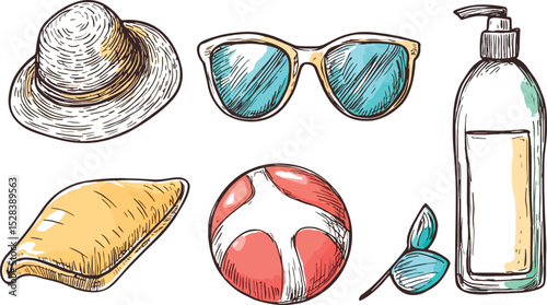 Summer Beach Vacation Essentials Vector Illustration Set including Sun Hat Sunglasses Sunscreen Seashell Beach Ball and Tropical Leaf Isolated on White Background Hand Drawn Sketch Style Design