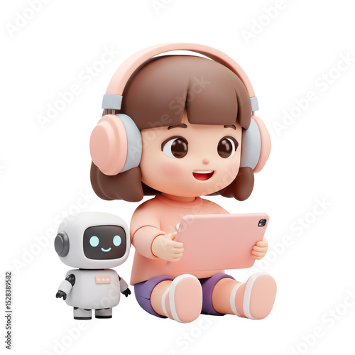 Little Girl Plays Games With Her Robot Friend Joyfully