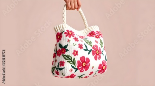 a hand holding a floral knitted bag, space for copy