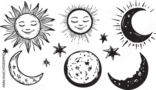 Set of celestial sun moon and stars vector illustration boho style sticker tattoo design black and white line art space galaxy planet clipart esoteric witchcraft astronomy doodle drawing isolated