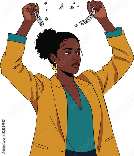 African American woman breaking free from chains symbolizing empowerment and liberation in modern vector illustration 