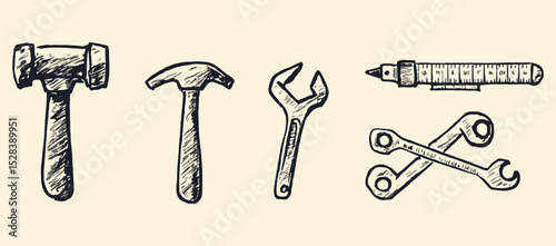Hand-drawn vector illustration of various tools including hammer, mallet, wrench, screwdriver, and ruler isolated on beige background construction tools set sketch equipment for home repair service