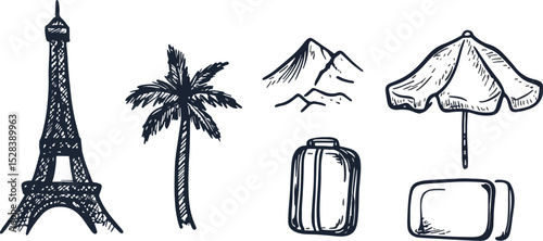Travel and Tourism Doodle Vector Set with Eiffel Tower Palm Tree Mountain Suitcase and Beach Umbrella Hand Drawn Illustration for Vacation Holiday Adventure and Exploration Themes