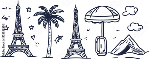 Travel and Tourism Concept Hand Drawn Vector Illustration Set Featuring Eiffel Tower Palm Tree Beach Umbrella Suitcase and Mountain Doodle Style Travel Icons for Vacation and Holiday Themes