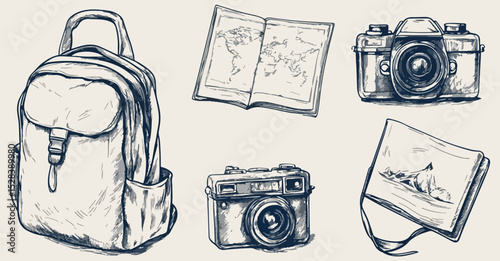 Travel vector pack backpack world map camera photo album adventure tourism journey trip hand drawn sketch engraved doodle vintage retro old style vacation holiday explore discover destination tourism