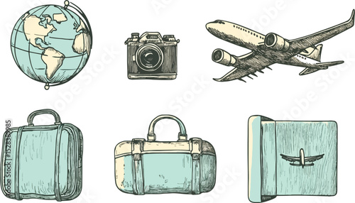 Travel and Tourism Vector Illustration Set Globe Camera Airplane Suitcases and Passport Hand Drawn Style Perfect for Travel Blogs Websites and Social Media Graphics