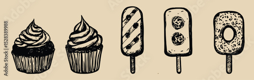 Hand-drawn vector illustration of cupcakes and popsicles, ideal for menu design, dessert shop branding, cafe logos, bakery websites, packaging, recipe books, and food blogs, featuring vintage,