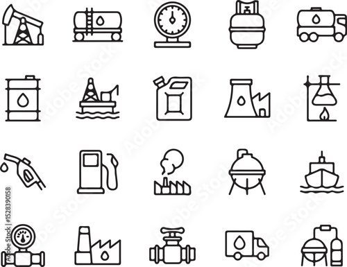oil, gas, industry, icons, symbols, outline, vector, illustration, set, petrol, fuel, drilling, refinery, factory, pipeline, tanker, truck, barrel, rig, gasoline, pump, gauge, valve, vessel, storage