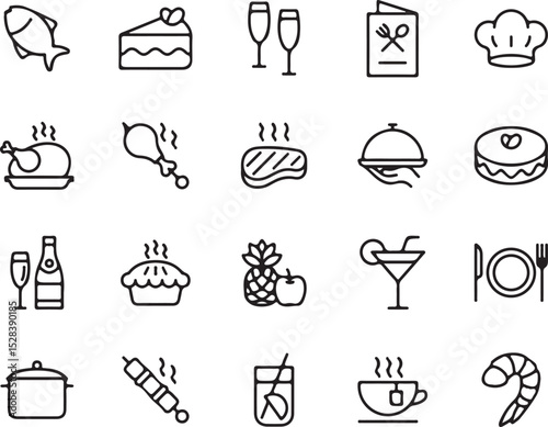 food, restaurant, menu, icons, line art, outline, vector, set, fish, cake, champagne, chef hat, roasted chicken, steak, waiter, donut, wine, pie, pineapple, apple, cocktail, plate, fork, knife, pot