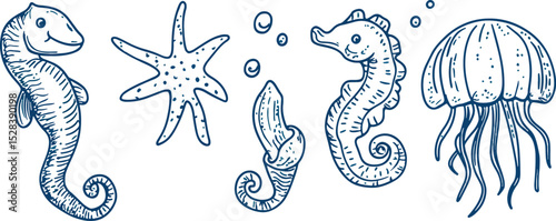Set of cute sea animals vector ocean life marine underwater world with seahorse starfish seashell and jellyfish aquatic fauna drawing doodle style design elements isolated on white background
