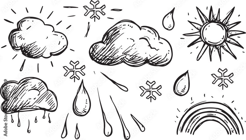 Obraz premium Hand Drawn Weather Doodle Vector Set Sun Cloud Rain Snow Rainbow Sketch Illustration Graphic Design Element Black and White Isolated on White Background Climate Meteorology Atmosphere Forecast