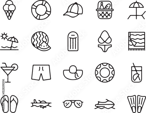 beach, summer, vacation, holiday, travel, icon, set, outline, vector, black, white, ice cream, ice cream cone, lifebuoy, hat, picnic basket, umbrella, sunbed, beach umbrella, watermelon, beach mat, bi