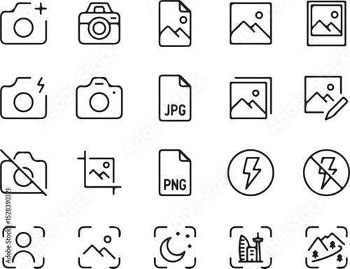 photography, photo, camera, icon, vector, outline, line art, set, collection, design, image, photo editing, jpg, png, flash, landscape, portrait, add, upload, camera icon, edit, crop, no camera, focus