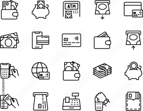 financial icons, banking, transactions, payment, money, wallet, piggy bank, atm, credit card, contactless payment, mobile payment, cash, dollar, money stack, globe, pos terminal, cash register, saving